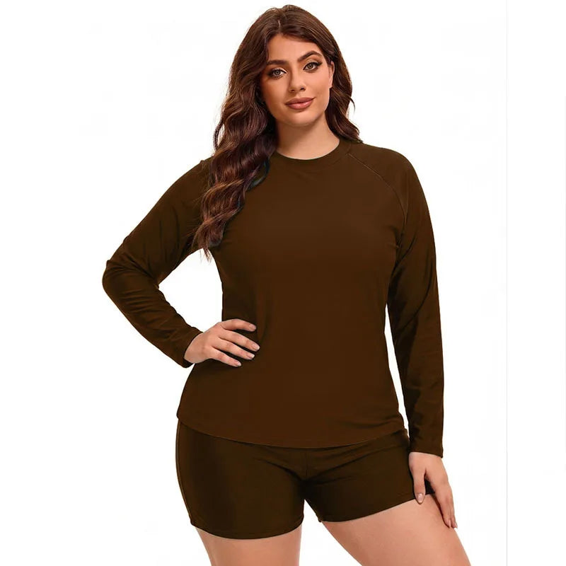 Women Plus Size Swimwear Long Sleeve Rash Guard Modest Two Piece Swimsuit UPF 50+  Rash Guard Beachwear Beach Bathing Suit
