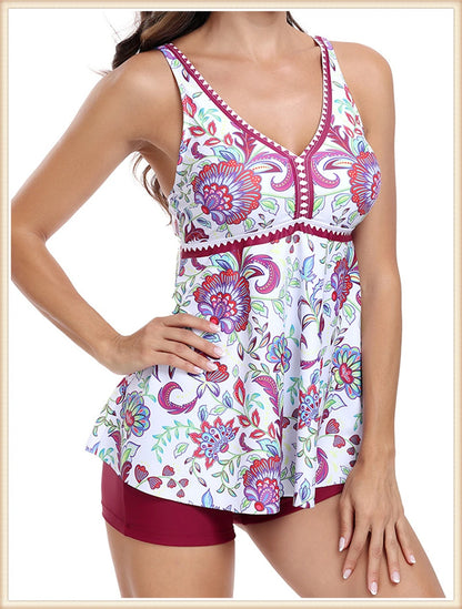 Two Piece Swimsuit Women V-Neck Print Tankini Set Female High Waist Swimwear Beachwear Bathers Bathing Swimming Suit Summer