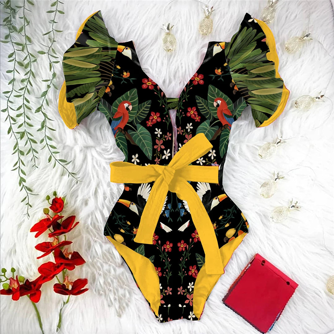 Ruffle Print Floral One Piece Strappy With Belt Swimwear Women Swimsuit Bathing Suit Backless Beachwear Monkini