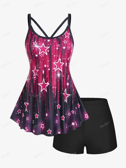Womens Plus Size 3D Sparkles Stars Printed  Halter Backless  Waist Modest Boyshorts Tankini Swimsuit