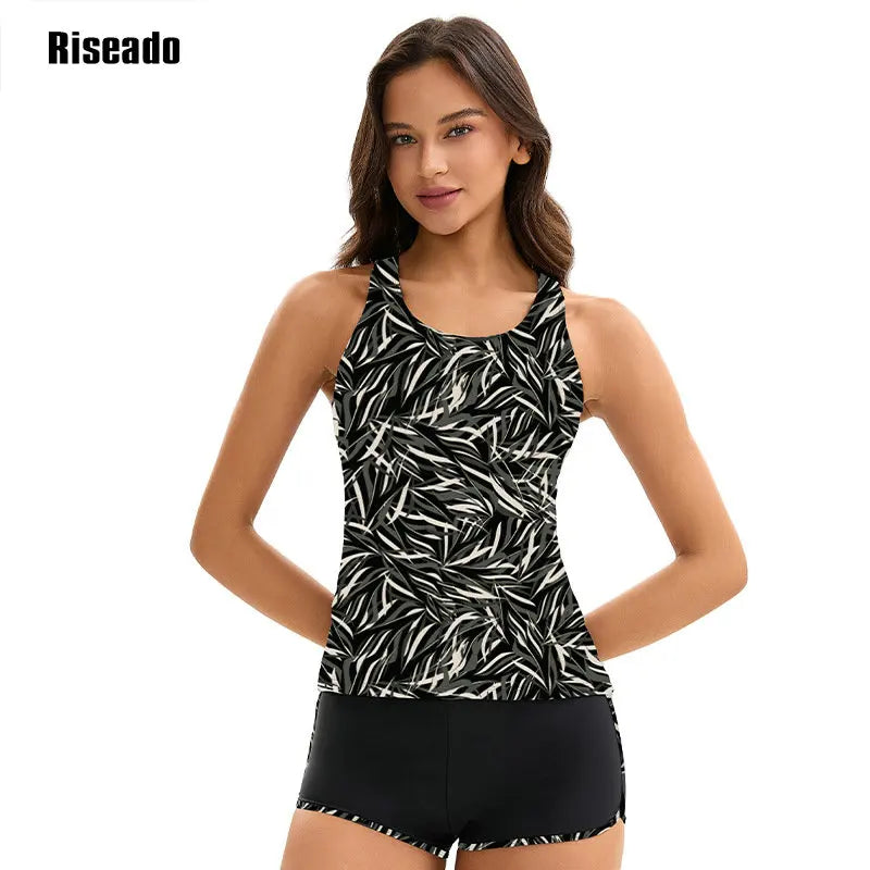Women's Tankini Swimsuits Tummy Control Ruched Two Piece Bathing Suit Round Neck Sleeveless Swimwear with Shorts