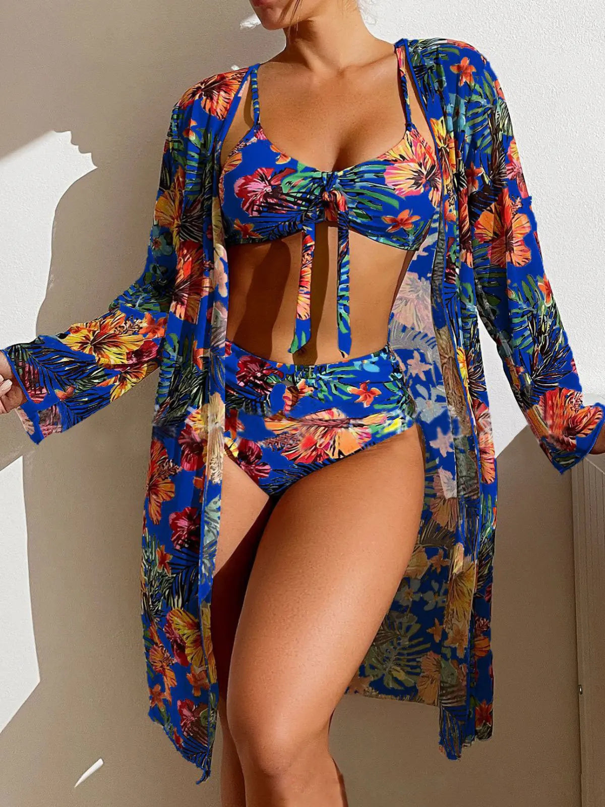 Split Three Piece Floral Printed Swimsuit Women Bikini Set Wireless Bra with Pad Sport Top Long sleeve Blouse Swimwear