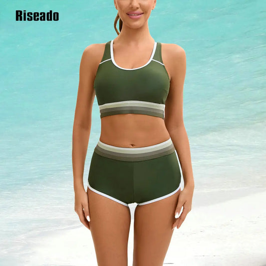 Women Color Block Athletic Two Piece Bathing Suits Sports Mid Waisted Swimsuits Girls Crop Top Tankini Sets