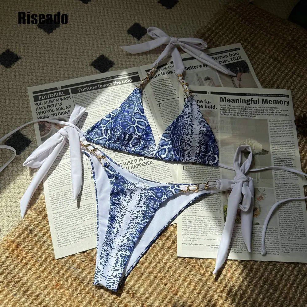 String Halter Bikini Set Women's Chain Top Leopard Halter Swimsuit Thong Swimwear
