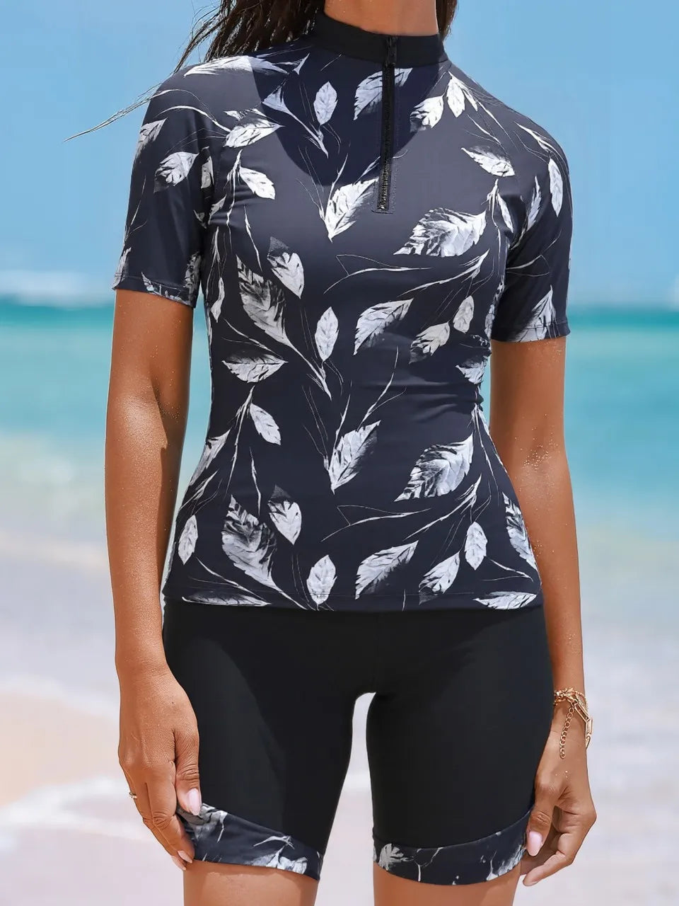 Short Sleeve Tankini Leaf Printed Swimsuit Women Two Pieces Zipper Swimwear Female Bathing Swimming Suit Beachwear