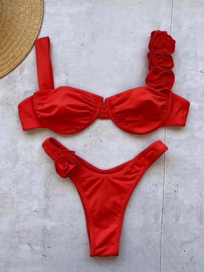 Strappy Bikinis 3D Floral Swimsuit Women Separation Swimwear Female Bathers Bathing Swimming Suit Beachwear