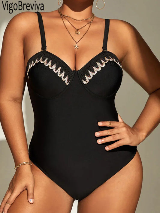 Solid Strapped Plus Size Swimwear Women Curvy One Piece Swimsuit Brazilian Lady Large Big Bathing Suit