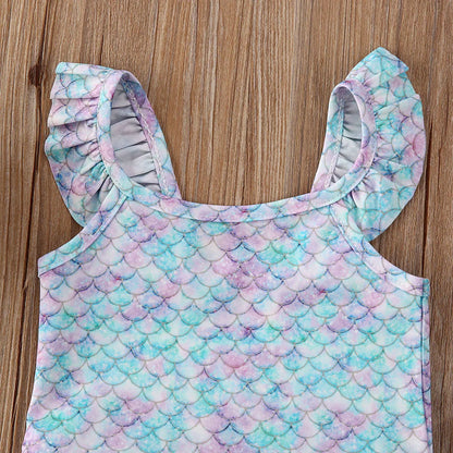 Baby Girls Mermaid Swimwear Fish Scale  Swimsuits Ruffled Sleeveless Bathing Suit with Tutu Skirt