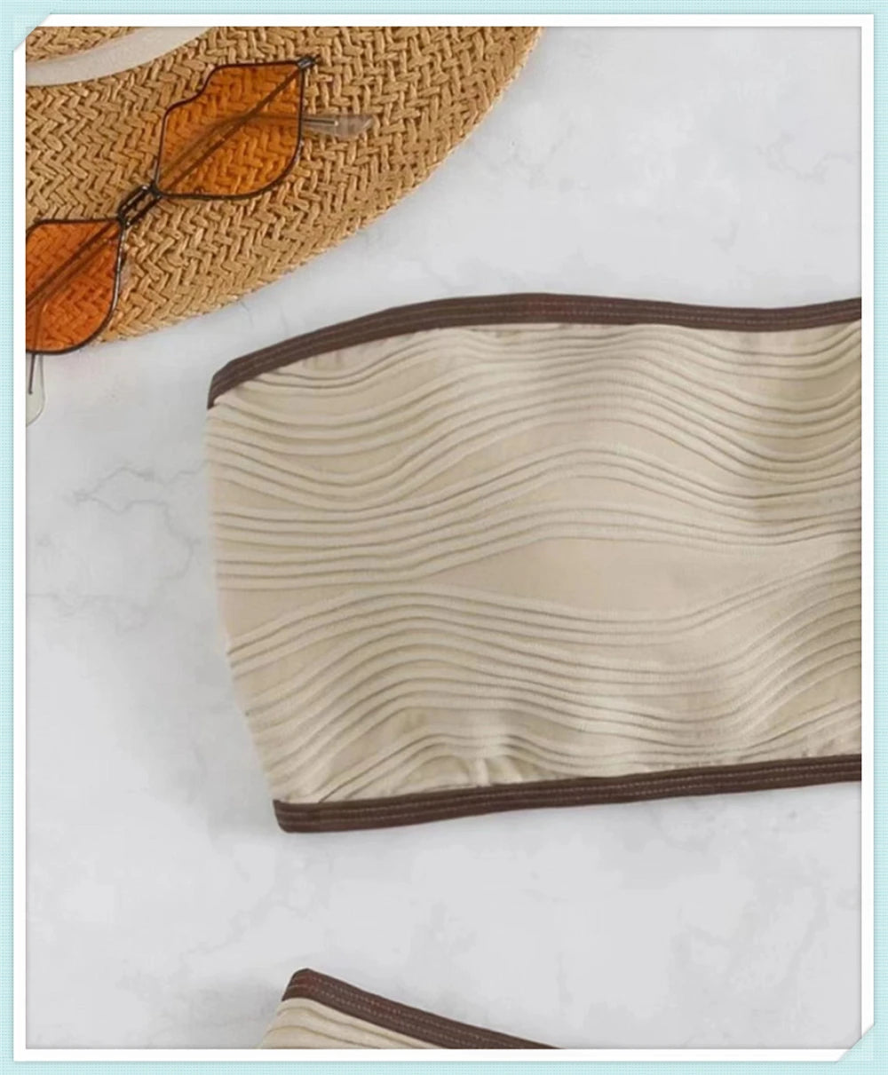 Bandeau High Waist Bikini Women Triangle Swimsuit Stitch Detail Swimwear Padded Bathing Suit Female Solid Beachwear