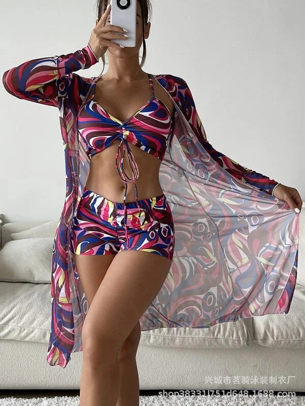 Summer Print Bikinis Swimwear Female Swimsuit Beachwear Push Up Three-Piece Bikini Set Women Swimming Bathing Suit