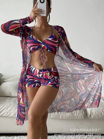 Summer Print Bikinis Swimwear Female Swimsuit Beachwear Push Up Three-Piece Bikini Set Women Swimming Bathing Suit