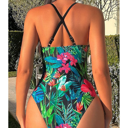 Tropical Print Floral One Piece Swimsuit Push Up Swimwear Women Bathing Suit Beachwear Monokini Female Swimming Suits