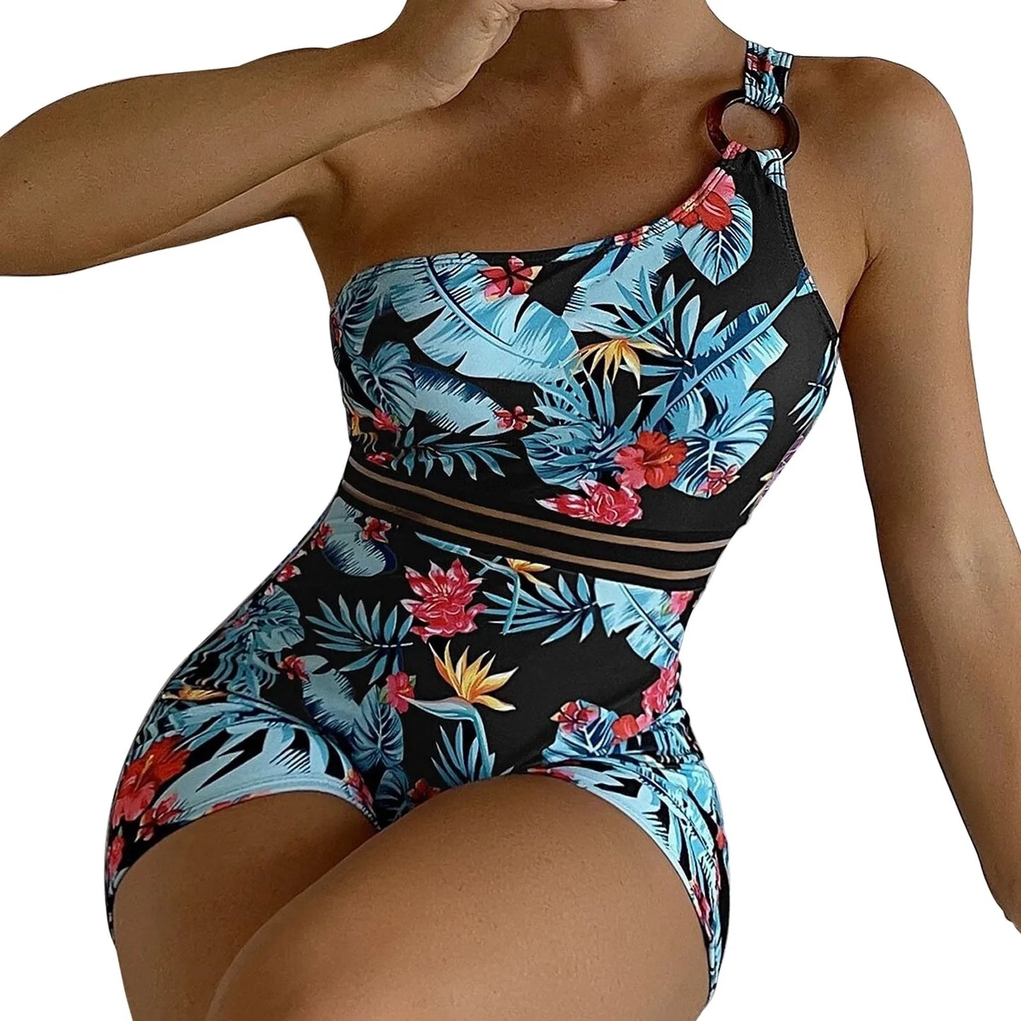 Women's Sloping Shoulder Swimwear One Piece Integrated Design Swimsuit Flower Print High Waisted Outdoor Beach Summer