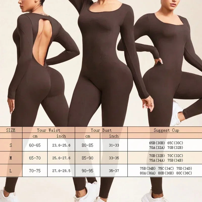 Women's Square-Neck Long-Sleeve Open-Back Workout Jumpsuit