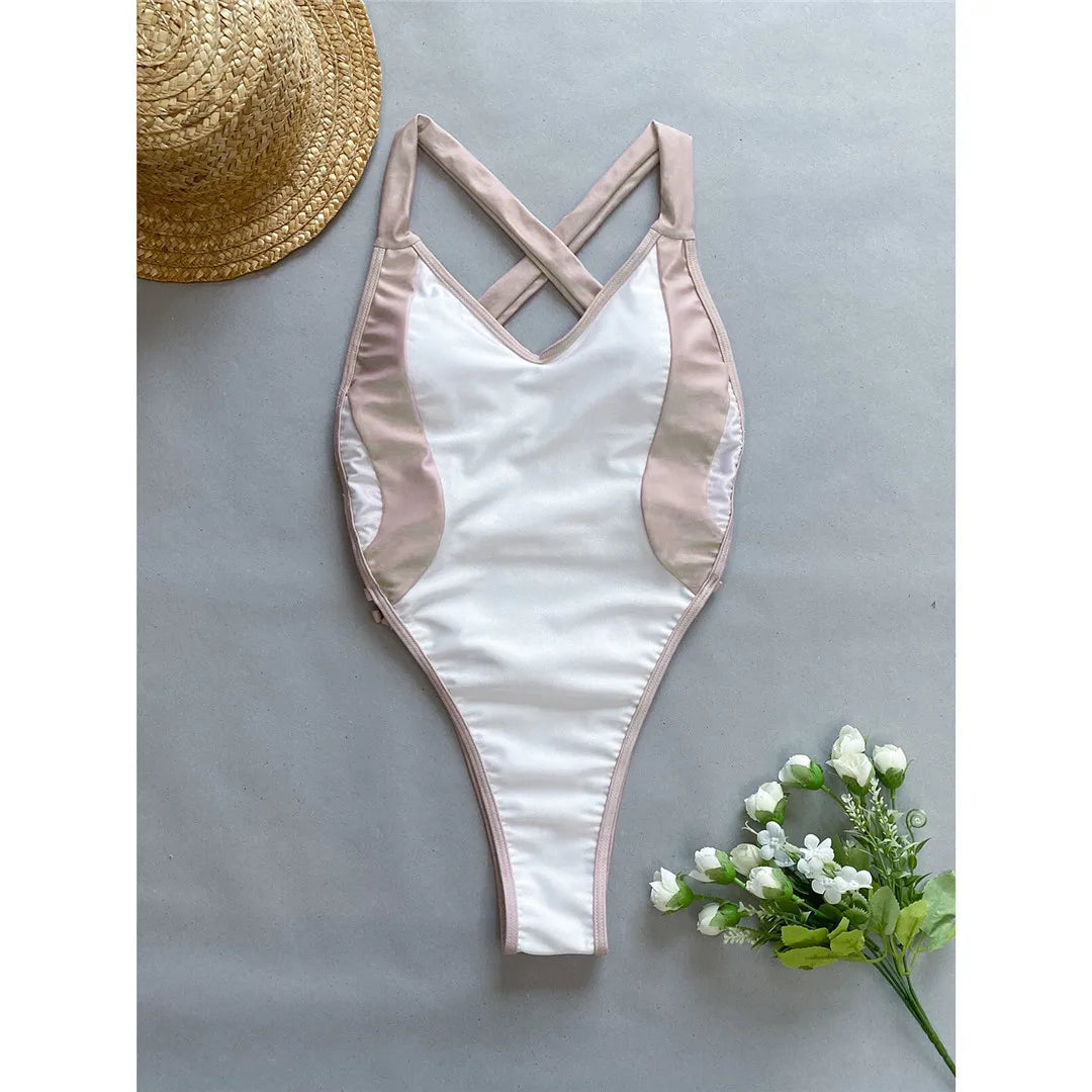 Splicing V Neck Cross Back Women Swimwear One Piece Swimsuit Female High Leg Cut Monokini Bather Bathing Suit Swim