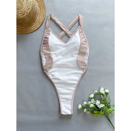 Splicing V Neck Cross Back Women Swimwear One Piece Swimsuit Female High Leg Cut Monokini Bather Bathing Suit Swim