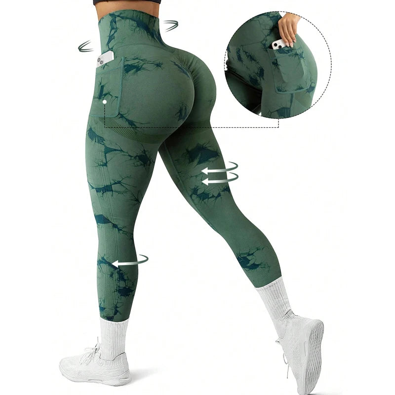 Plus Size High Elastic Sports Yoga Fitness Women's High-Waisted Peach Butt Casual Tight-Fitting Quick-Drying Slim Tie-Dye Seamless with Phone Pocket Pants