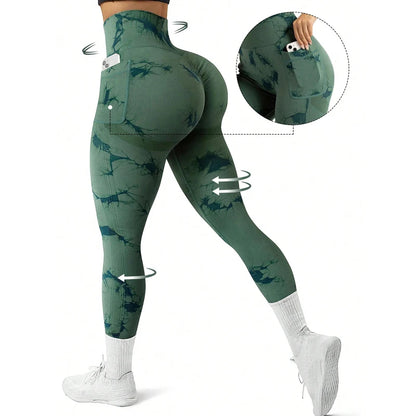 Plus Size High Elastic Sports Yoga Fitness Women's High-Waisted Peach Butt Casual Tight-Fitting Quick-Drying Slim Tie-Dye Seamless with Phone Pocket Pants