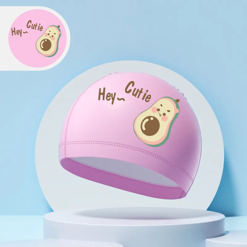 Children's Swimming Caps Boys Girls Kids Cartoon Swim Hat High Elastic Ear Protection PU Waterproof Swimming Cap