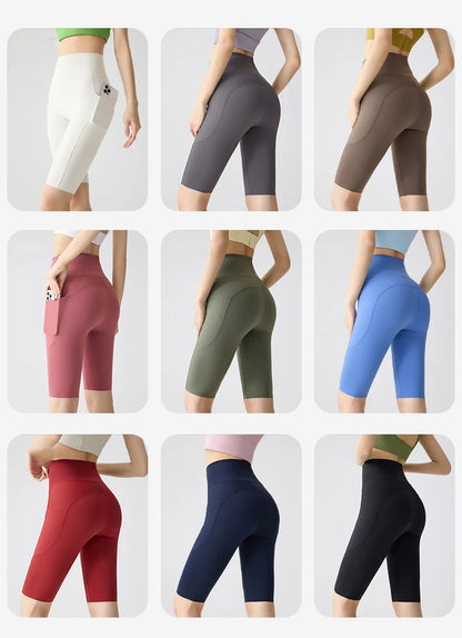 Pocket Yoga Sharkskin Bicycle Shorts Women Thin High Waist Push Up Light Feeling Sports  Fitness Cycling Shorts