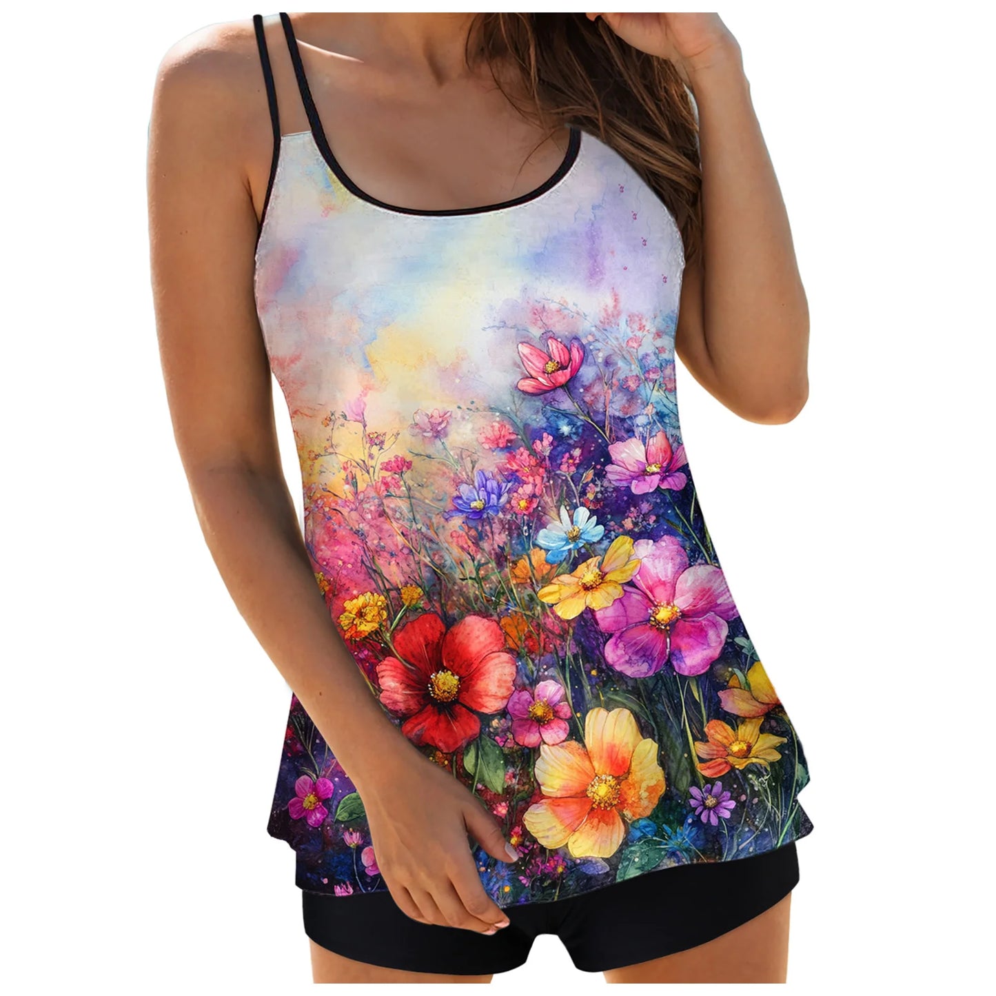 Women's Floral Print Tankini Swimwear Double Stretch Spaghetti Strap Cover Tummy Crew Neck Conservative Tops Slim Tight Shorts