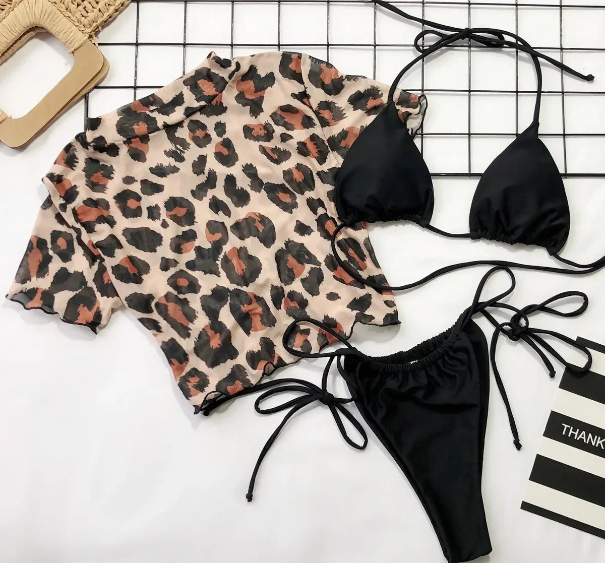 Bikini Set 3-piece Swimwear Swimsuit Women Perspective Short Sleeve Leopard Print Bikinis Set Bathing Suit Beach Thong
