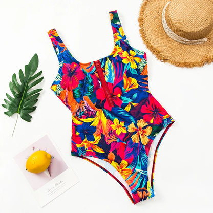 Multi Designs Color Printed Zipper Swimsuit One Piece Swimwear Women Floral Bathers Bathing Swimming Swim Suit Female Beachwear