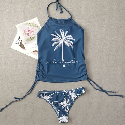 Solid Print Tankini Set Tied Halter Swimsuit Women Swimwear Biquinis Summer Backless Beach Bathing Suit