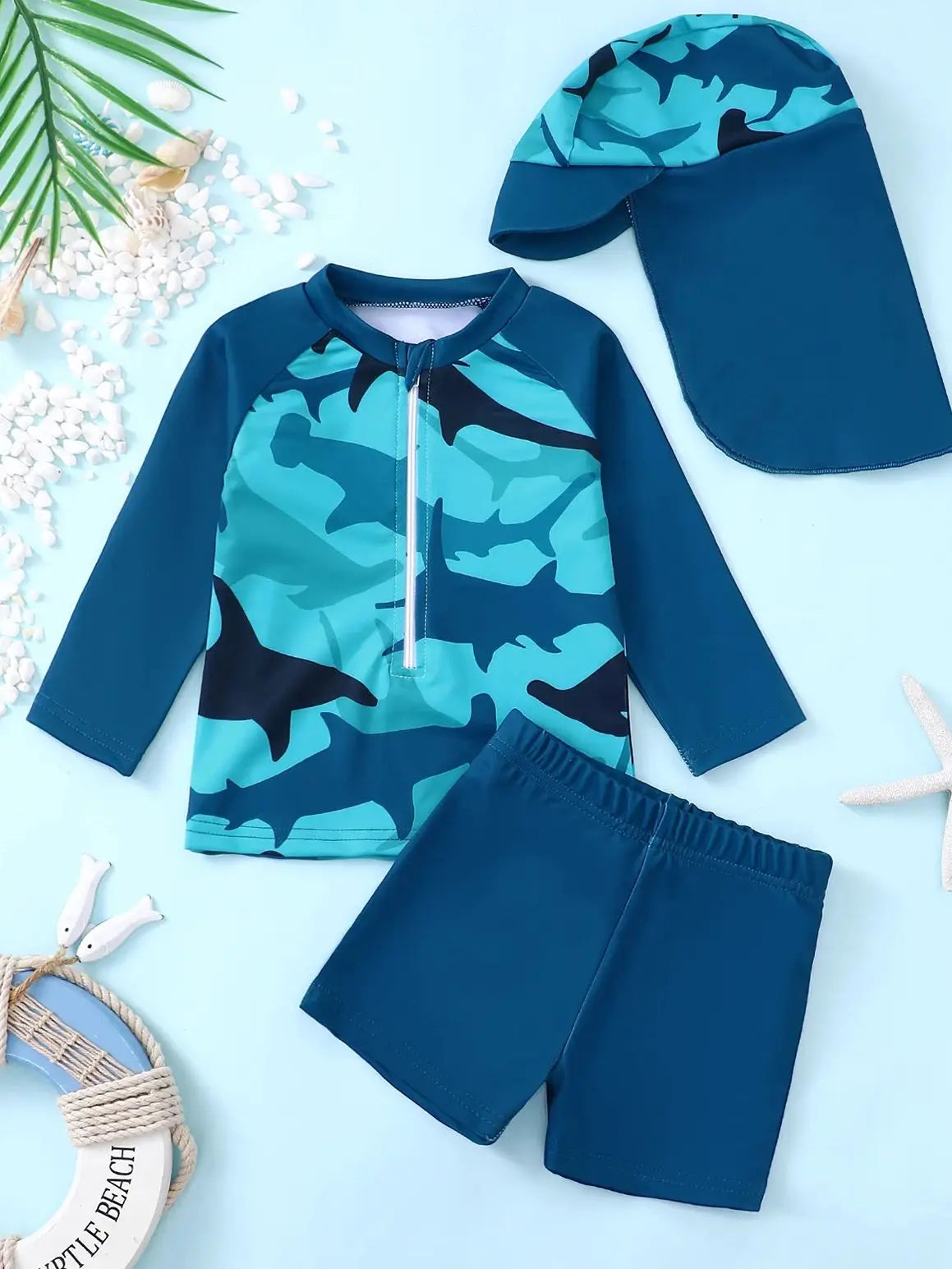Baby Boys Shark Print Swimsuit Set with Sun Hat Protective Clothing - Swimming Suit for Infants And Toddlers