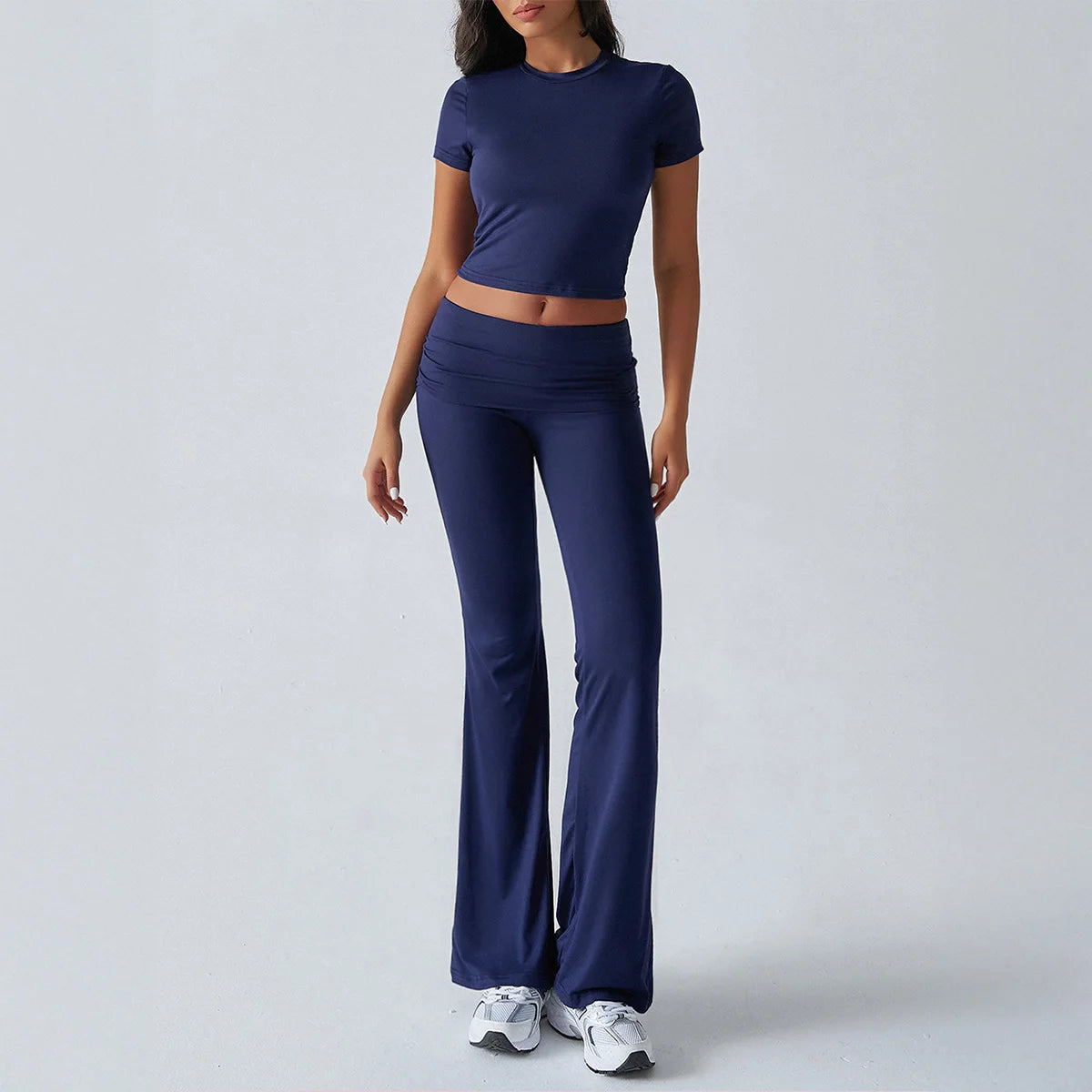 Foldable 2PCS Yoga Set Women Short Sleeve Crop Top Slim Fit High Waist Flare Leggings Fitness Suit Workout Gym Running Tracksuit