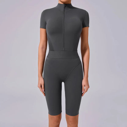 Nylon Yoga Jumpsuits Sports Fitness Hip-lifting Tights Short Sleeve Zipper Yoga Workout Gym Leggings Sportswear for Women