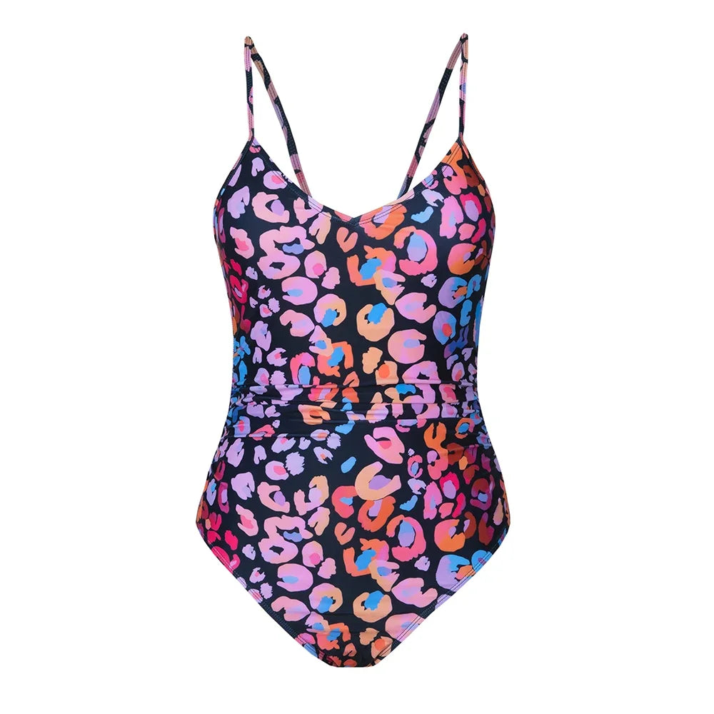 Leopard Print O-Ring One-Piece Swimsuit For Women V-neck Backless Monokini Swimwear Bathing Suit Beachwear Fashion