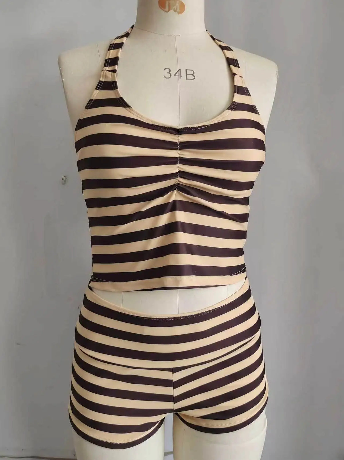 Striped Halter Tankini Set – 2-Piece Ruched Top & Boyshort Swimsuit