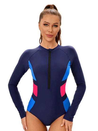 Women's Sport One Piece Swimwear Long Sleeve Zipper Conservation Patchwork Swimsuit Surfing Diving Suit Bikini Swimming