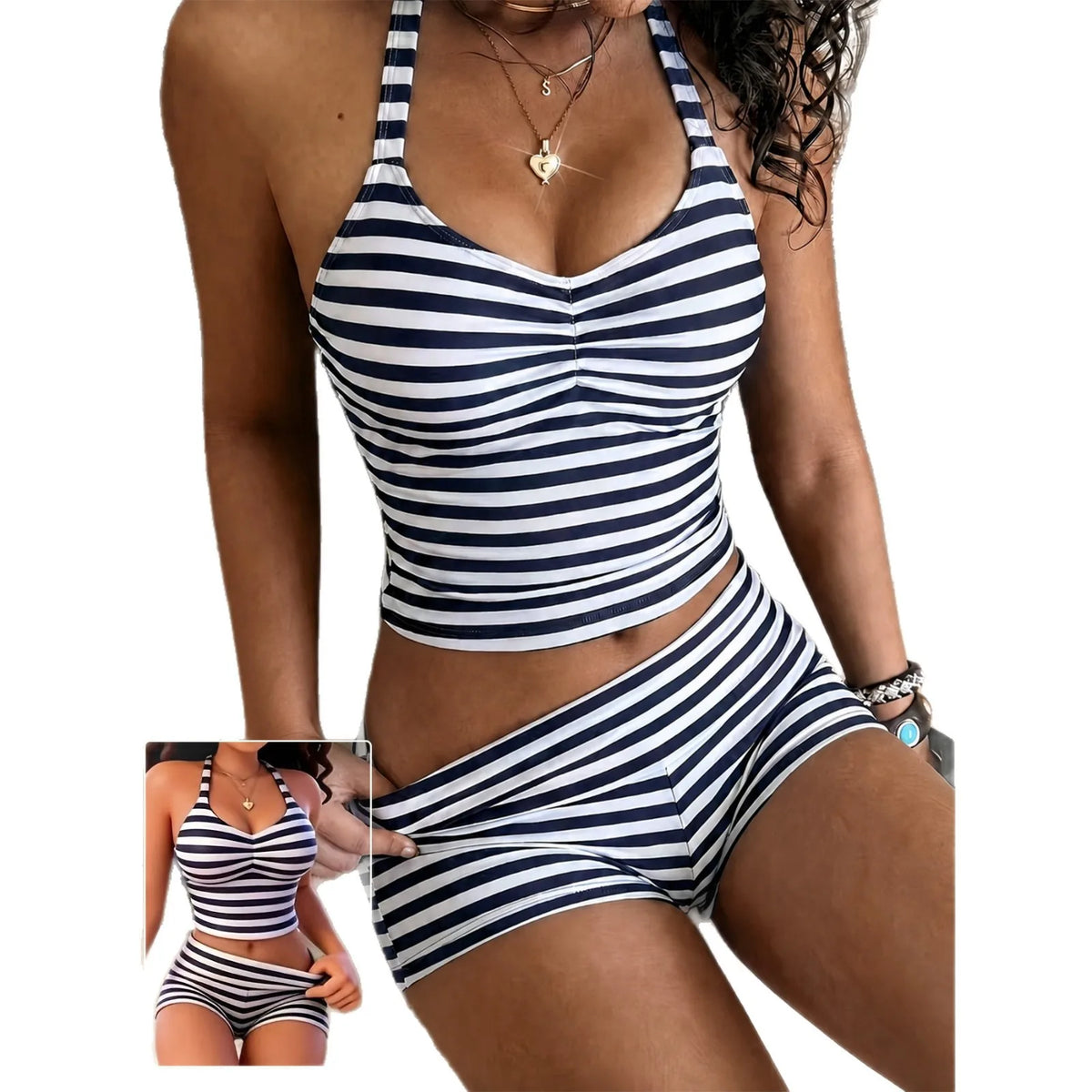Striped Halter Tankini Set – 2-Piece Ruched Top & Boyshort Swimsuit