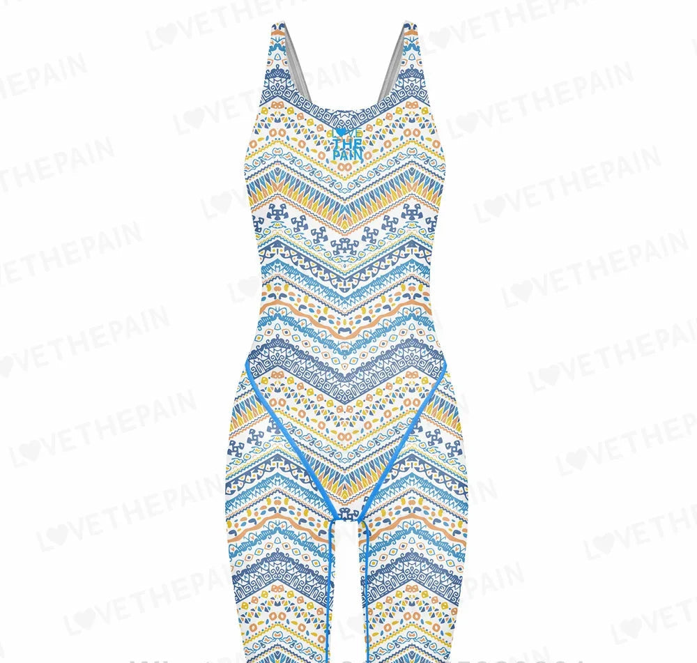 Love The Pain Women Racer Back Bodysuit Knee Length Swimsuit Professional Sports Training Swimwear Backless Athletic Swimsuit