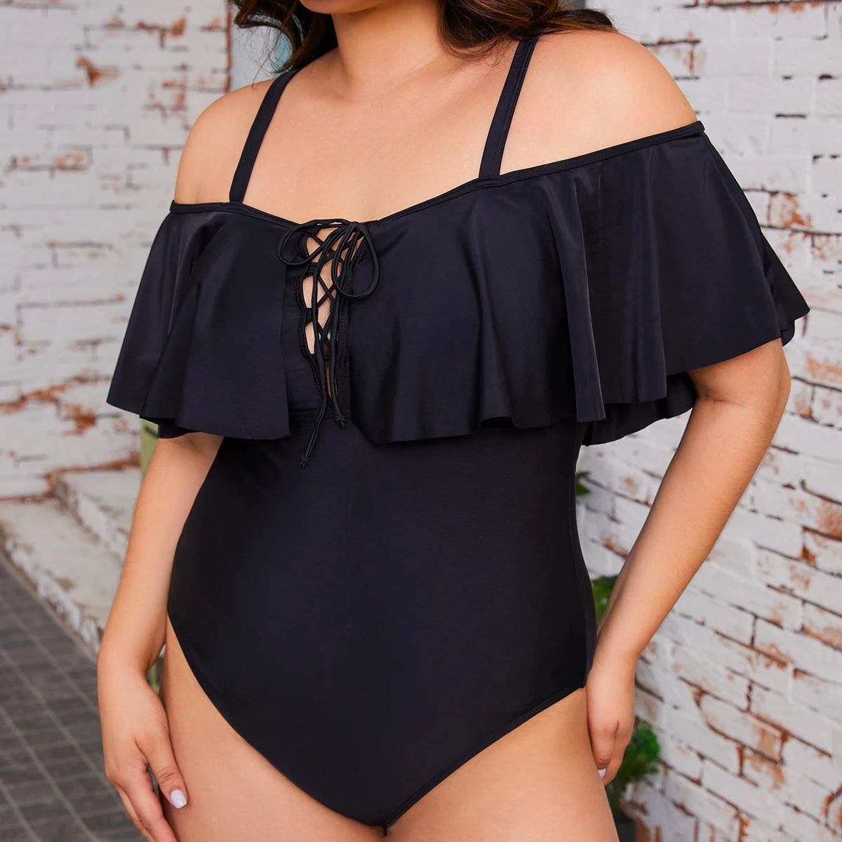 Plus Size Swimwear Women One-piece One Shoulder Solid Swimsuit Beachwear Ruffles Lace Up High Waist Bathing Suit 4XL
