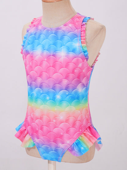 Kids Girls Mermaid Swimsuit Sleeveless Fish Scales Print Ruffle Flounce Jumpsuit Bathing Suit Pool Beach Athletic Swimwear