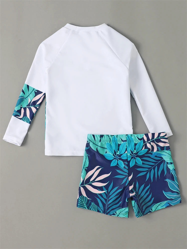 Boy Swimsuit Leaves Print Long Sleeve Children Swimwear Summer Two Piece Kids Beach Wear Swimming Bathing Suit Boys Men