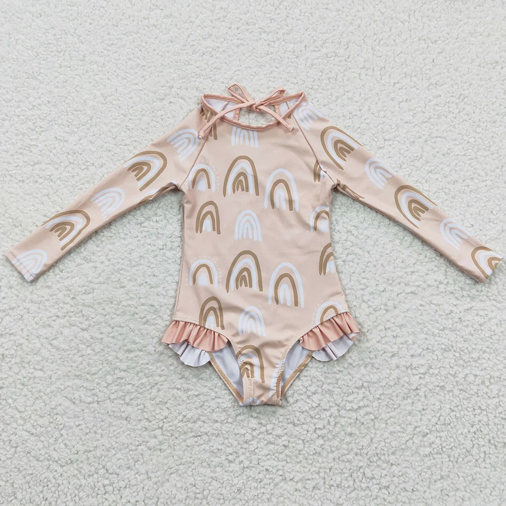 Colourful Designs Baby Girls Swimsuits Long Sleeve One Pieces Swimsuit Summer Fashion Kids Clothes Swimwear Boutique Girls Swim Clothes