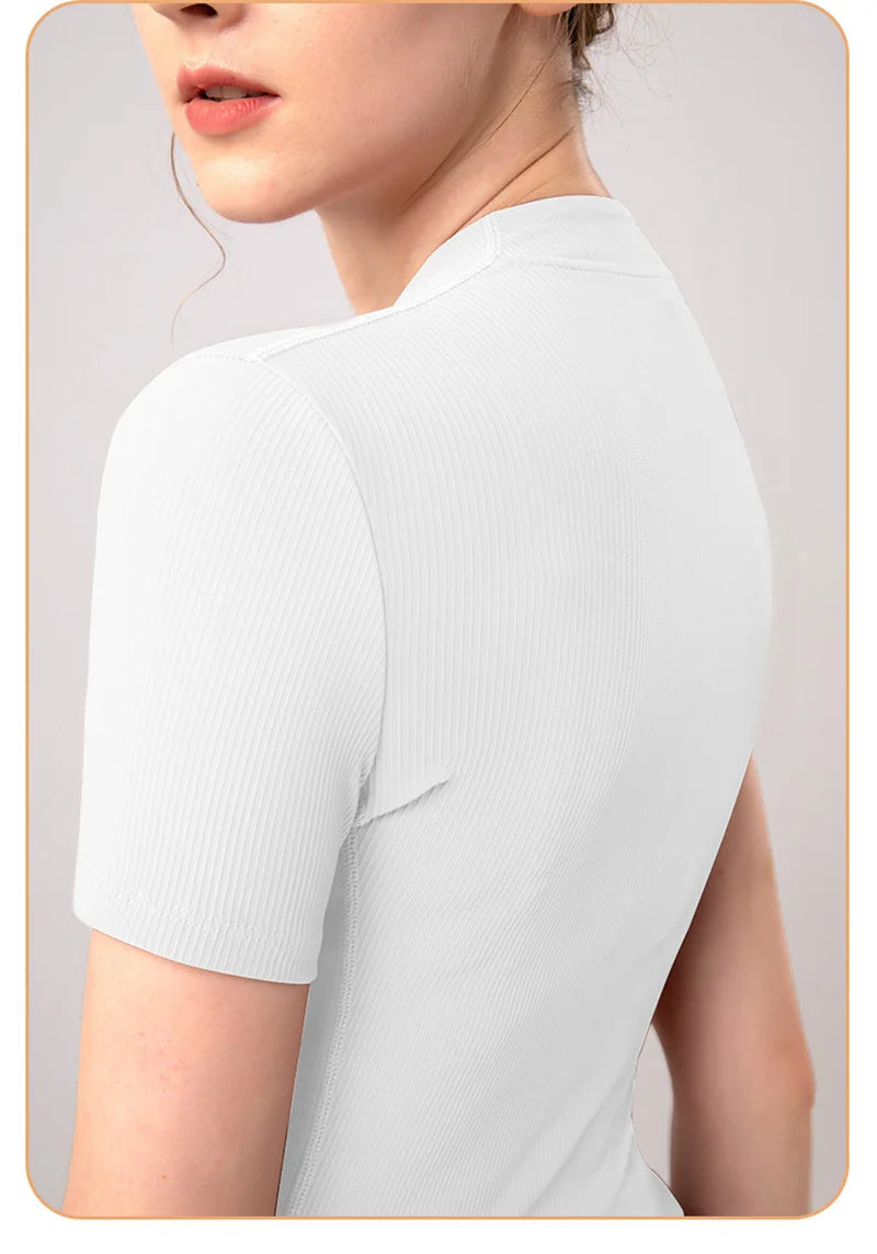 Aiithuug Women Slim Fit Gym Shirts Half Zip Workout Tops Quarter Zip Fitness Shirt Running Quicky Dry Short Sleeve Yoga Tops