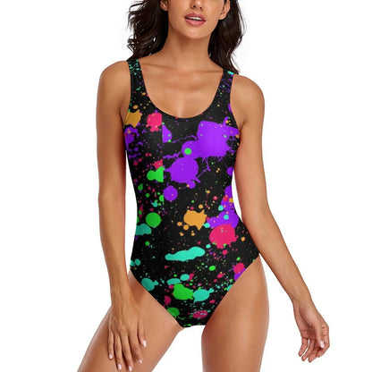 Neon Paint Swimsuit Graffiti Splatter Print One-Piece Swimwear Push Up Bodysuit Elegant Holiday Rave Beach Wear