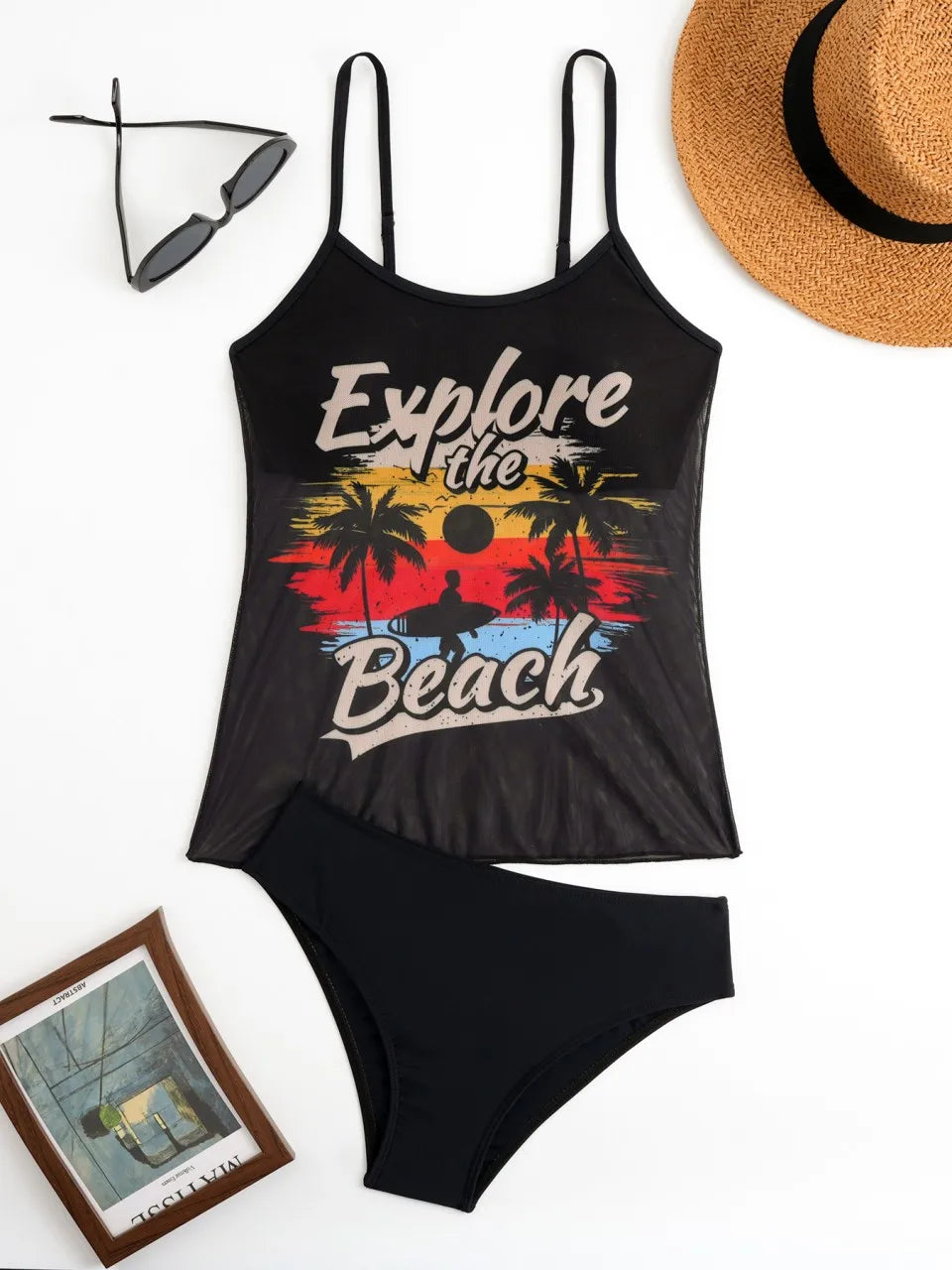 Strappy Two Pieces Women Mesh Printed Swimsuit Sheer Swimwear Female Triangle Bathing Swimming Suit Padded Beachwear