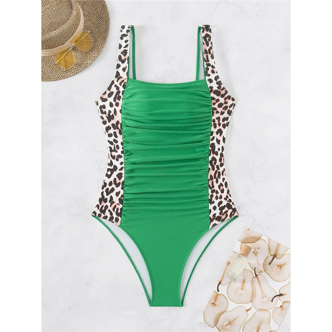 S - XXL 8 Colors Leopard Splicing Women Swimwear One Piece Swimsuit Female Wrinkled High Leg Cut Bather Bathing Suit Swim