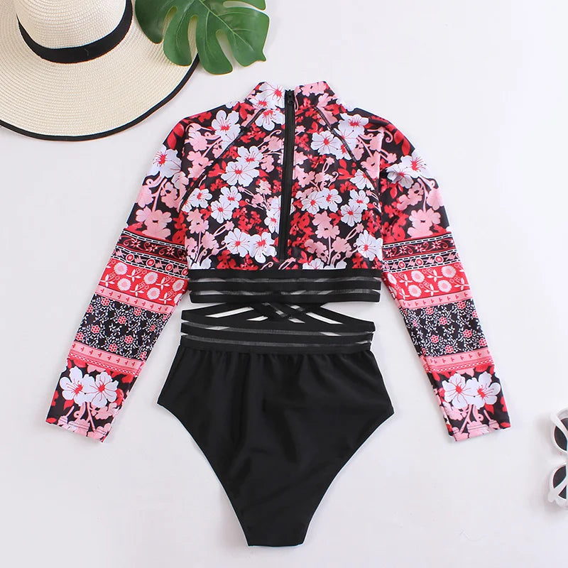 Long Sleeve Swimwear One Piece Cover Up Swimsuits Print Floral Bodysuit Hollow Out Bikinis Beach Bathing Bikini Set Beachwear