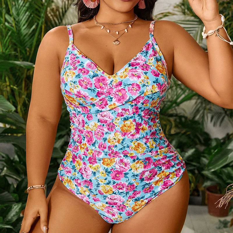 Floral V Collar Hot Spring Bathing Suit Slim Looking Belly Covering Conservative plus Size Bathers