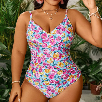 Floral V Collar Hot Spring Bathing Suit Slim Looking Belly Covering Conservative plus Size Bathers