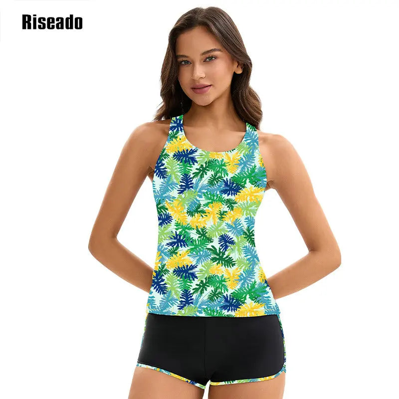 Women's Tankini Swimsuits Tummy Control Ruched Two Piece Bathing Suit Round Neck Sleeveless Swimwear with Shorts