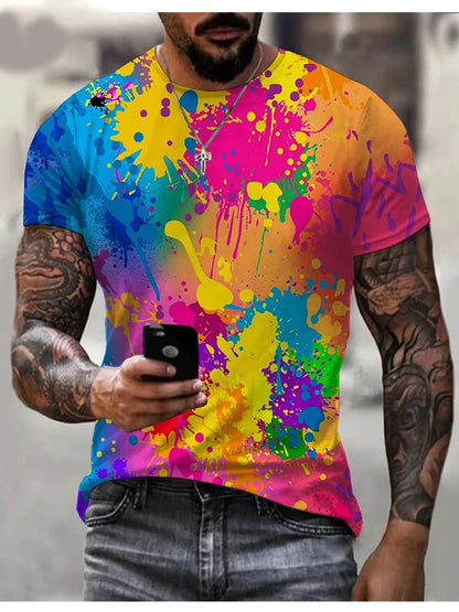 Rainbow Paint Splash Men's Printed T-shirt Hip Hop Street Fashion Harajuku Round Neck Comfortable Short Sleeve Top