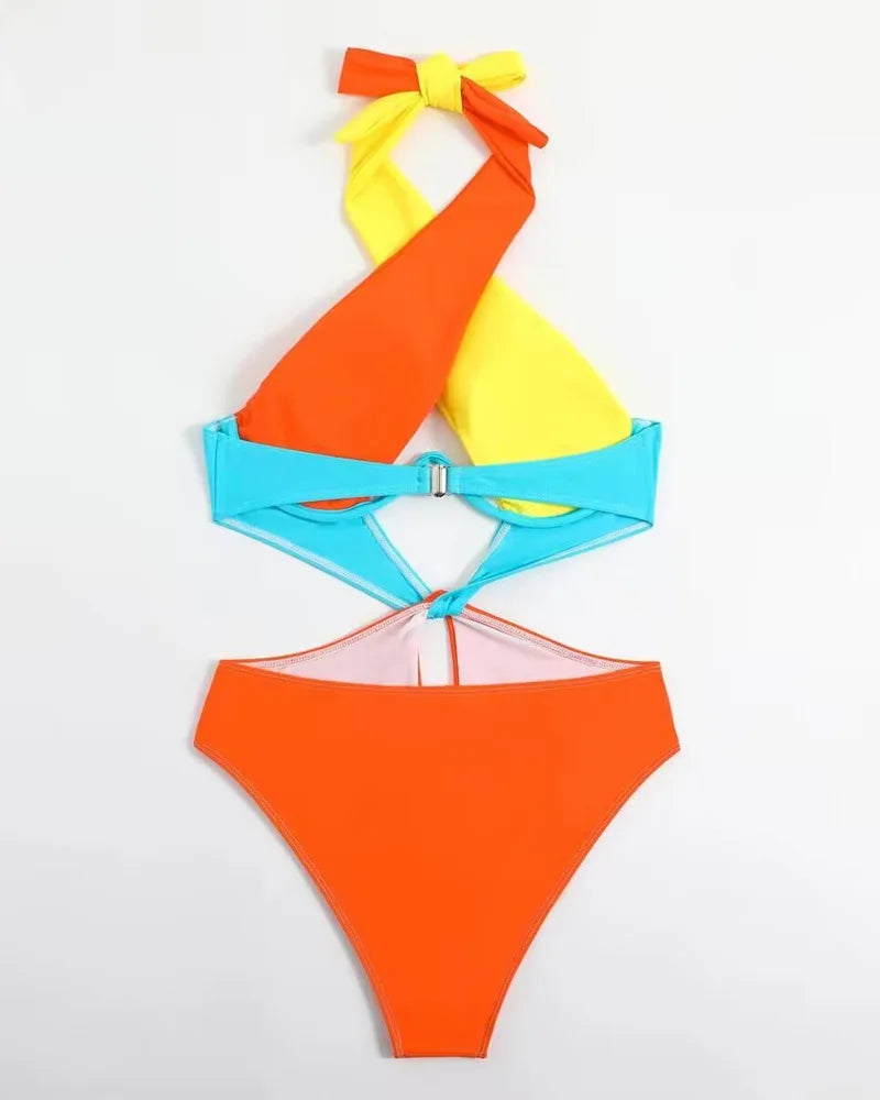 Orange Patchwork One Piece Swimwear Women Halter Cross Underwire Hollow Out Backless Bathing Suit Holiday Swimsuit